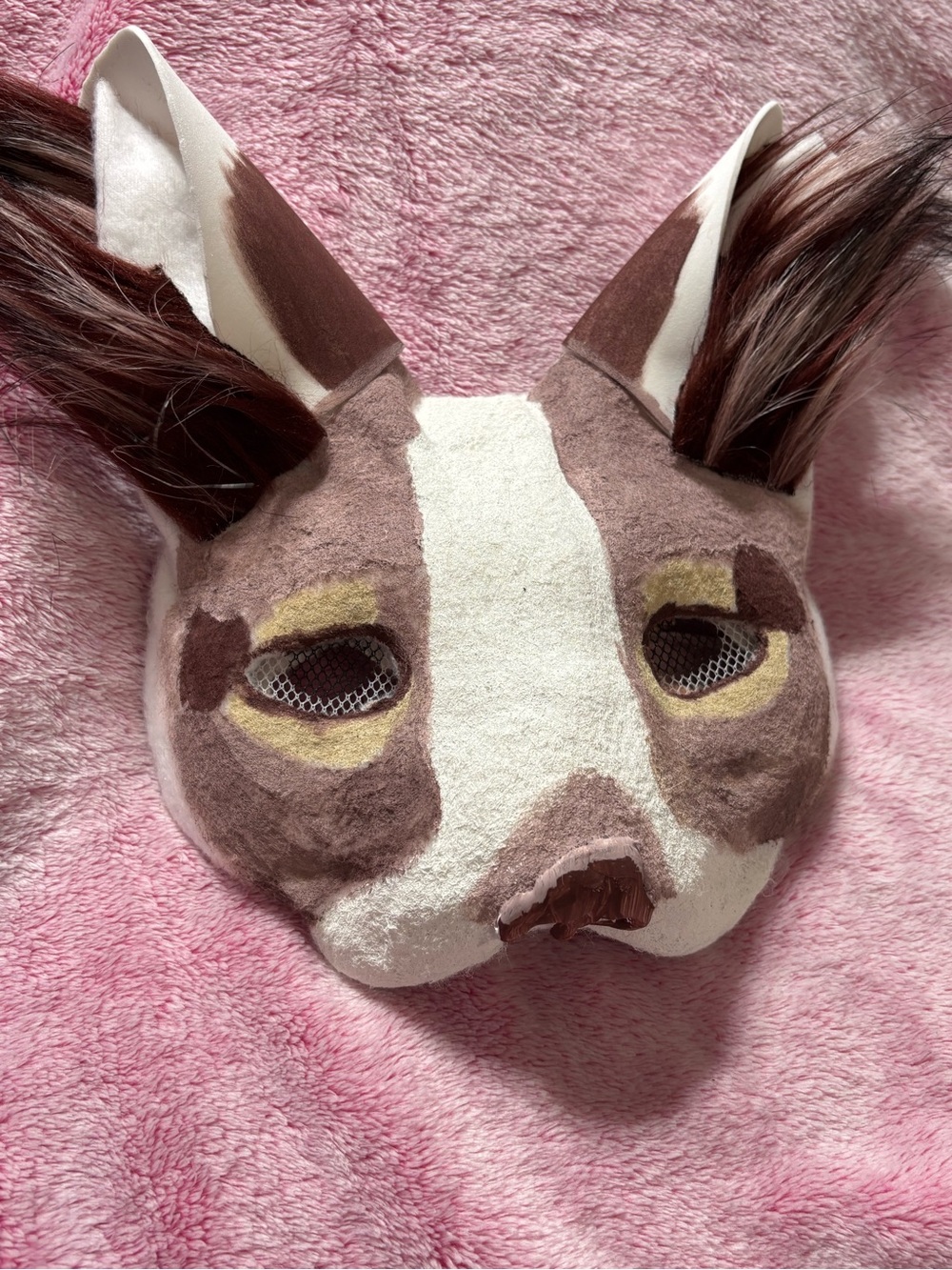 Handmade Therian Otherkin Furry Brown & White Animal Mask with Faux Fur Ears